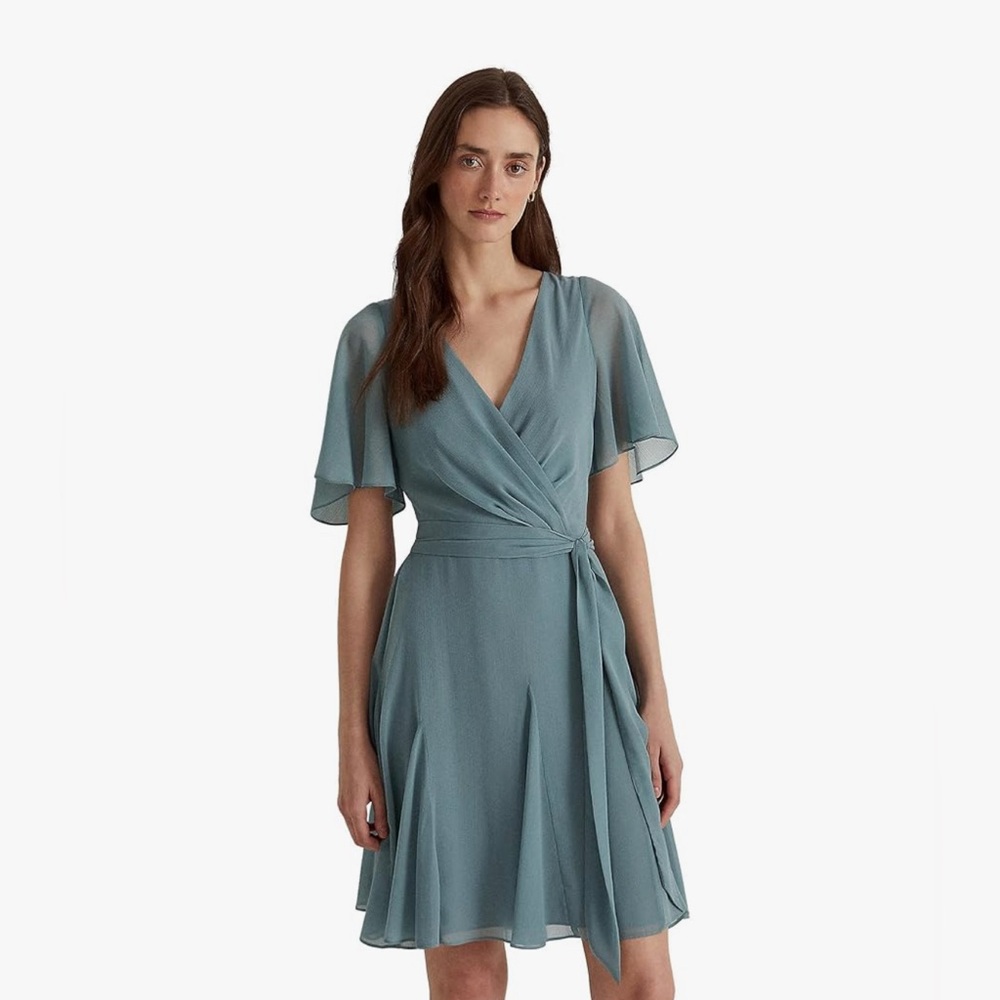 Lauren Ralph Lauren Womens Green Ruffled Chiffon Fit & Flare Dress NWT - Picture 3 of 12